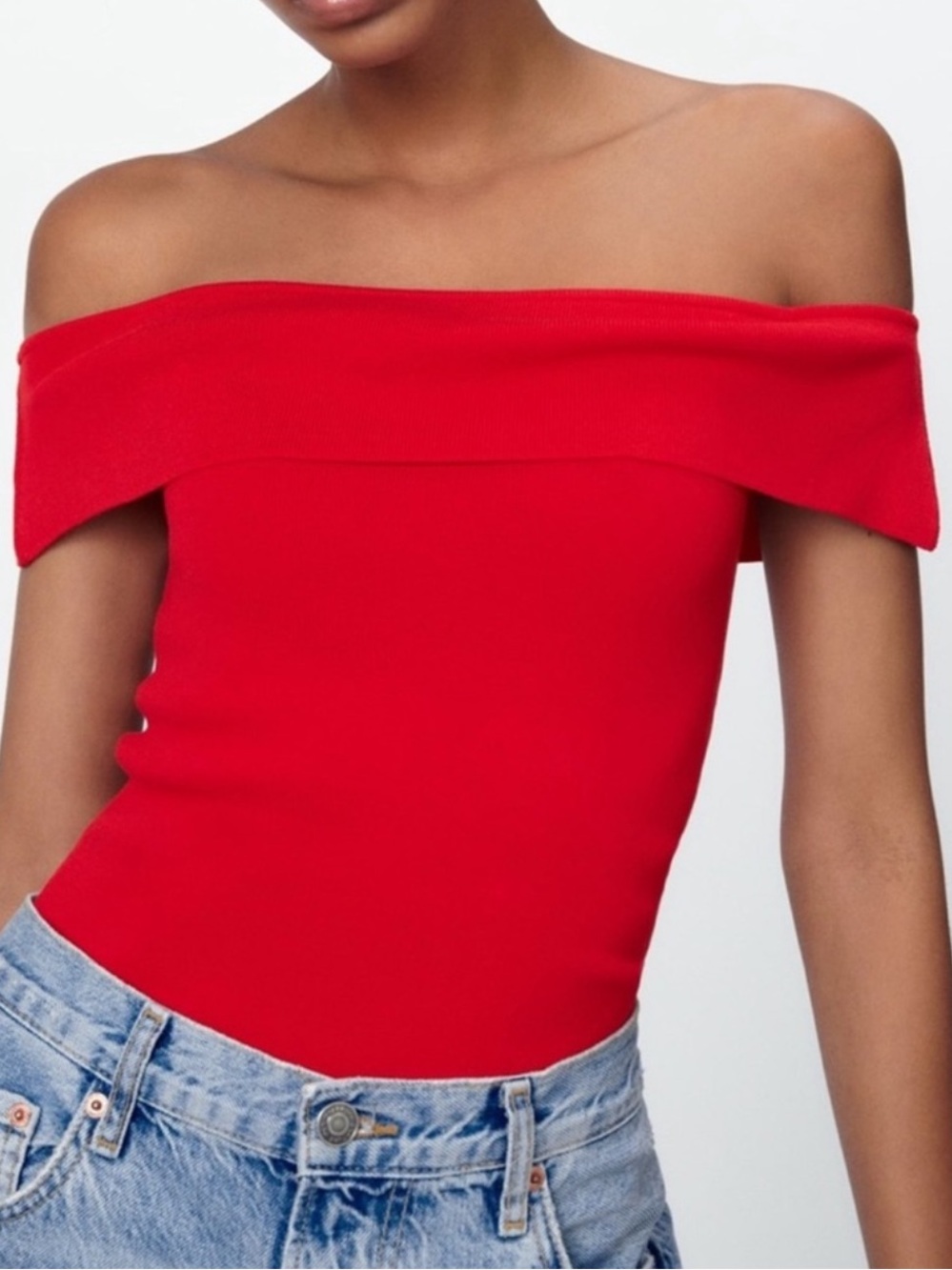 ZARA Red Off-the-Shoulder Knit Top Size L